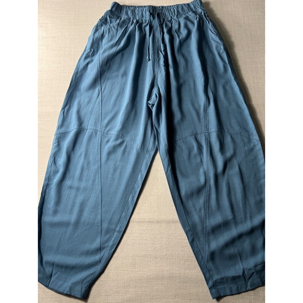 Tarse Women’s High Rise Linen Blend Harem Ankle Pants Blue Small Bohemian
